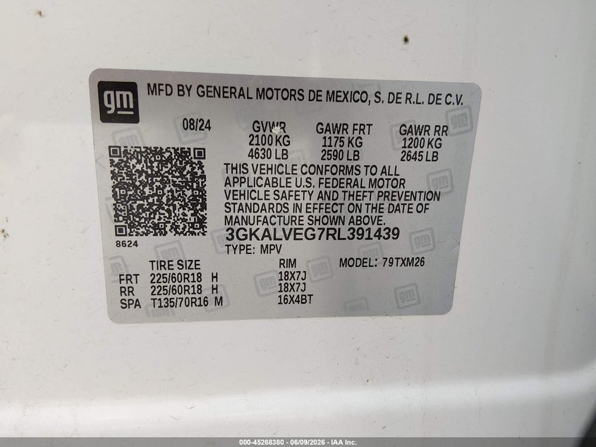 2024 Gmc Terrain VIN 3GKALVEG7RL391439 IAAI salvage auction — FRONT END, Salvage Title, sold $10,975 on 2026-08-19 (photo 9)