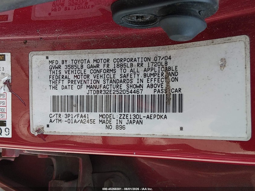 2005 Toyota Corolla VIN JTDBR32E252054467 IAAI salvage auction — NORMAL WEAR, Clear (Washington), sold $575 on 2026-07-08 (photo 9)