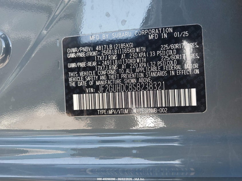 2025 Subaru Xv VIN JF2GUHDC8S8238321 IAAI salvage auction — SIDE, Salvage Title, sold $9,525 on 2026-07-14 (photo 9)