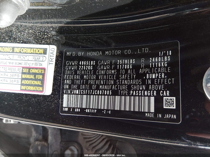 2018 Honda Clarity VIN JHMZC5F17JC007005 IAAI salvage auction — REAR END, Salvage (Colorado), sold $3,475 on 2026-07-14 (photo 9)