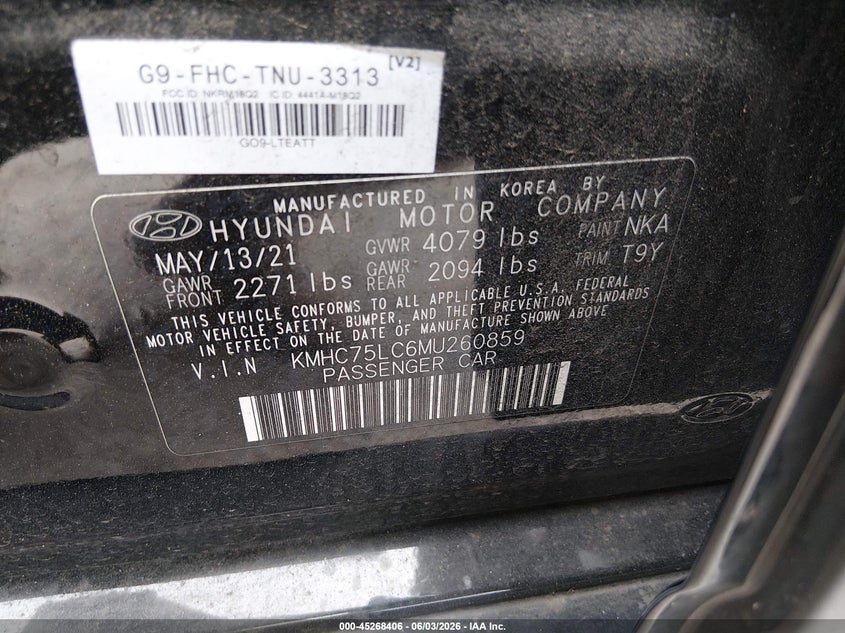 2021 Hyundai Ioniq VIN KMHC75LC6MU260859 IAAI salvage auction — FRONT & REAR, Salvage Title, sold $1,175 on 2026-07-15 (photo 9)