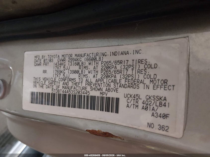2003 Toyota Sequoia VIN 5TDBT44A53S203445 IAAI salvage auction — FRONT END, Repossessed (Missouri), sold $275 on 2026-07-17 (photo 9)