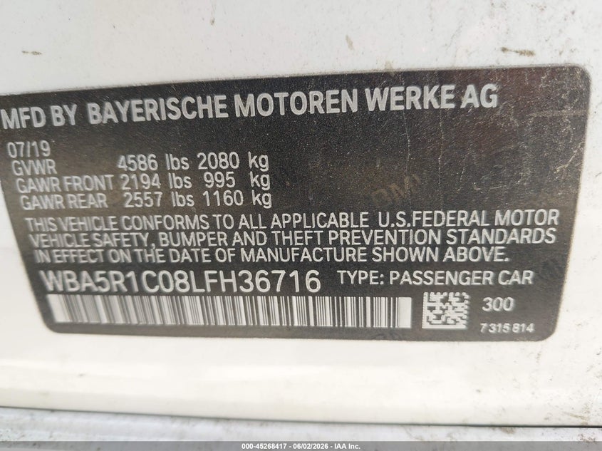 2020 BMW 3er VIN WBA5R1C08LFH36716 IAAI salvage auction — NORMAL WEAR, Clear (Oklahoma), sold $4,800 on 2026-07-14 (photo 9)
