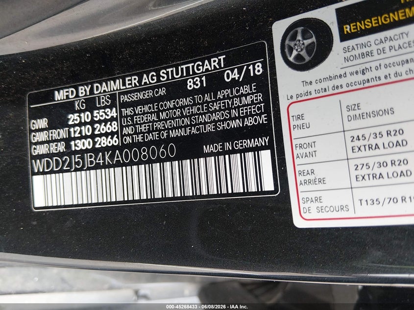 2019 Mercedes-benz Cls-class VIN WDD2J5JB4KA008060 IAAI salvage auction — FRONT END, Clear (Texas), sold $9,750 on 2026-07-28 (photo 9)