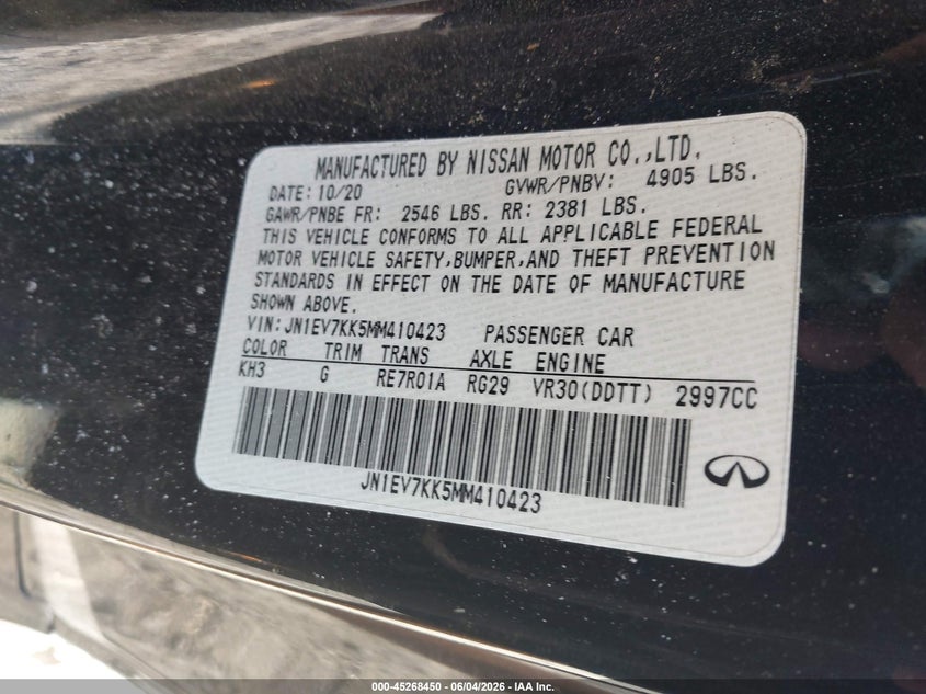 2021 Infiniti Q60 VIN JN1EV7KK5MM410423 IAAI salvage auction — RIGHT SIDE, Salvage Title, sold $4,750 on 2026-07-31 (photo 9)