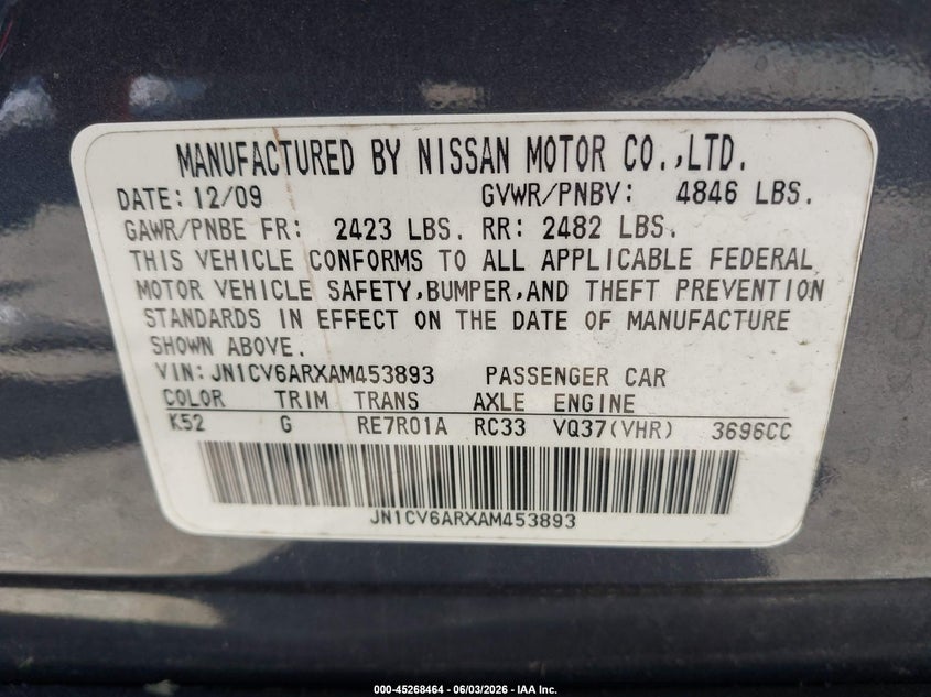 2010 Infiniti G37 VIN JN1CV6ARXAM453893 IAAI salvage auction — NORMAL WEAR, Clear (Virginia), sold $375 on 2026-07-14 (photo 9)