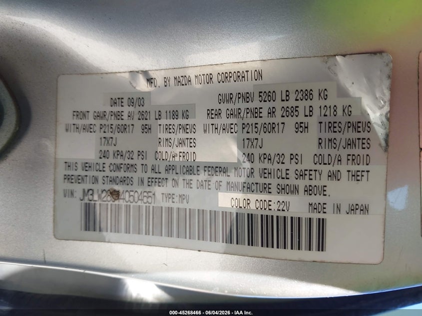 2004 Mazda Mpv VIN JM3LW28J440504651 IAAI salvage auction — LEFT REAR, Repossession Paperwork (South Carolina), sold $400 on 2026-07-14 (photo 9)