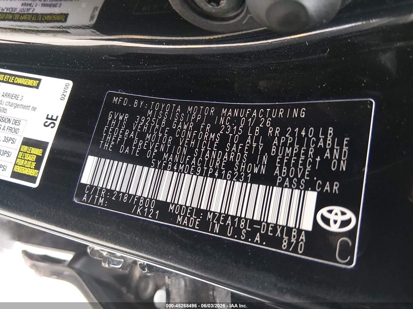 2026 Toyota Corolla VIN 5YFB4MDE9TP416231 IAAI salvage auction — SIDE, Salvage Title, sold $5,300 on 2026-07-15 (photo 9)