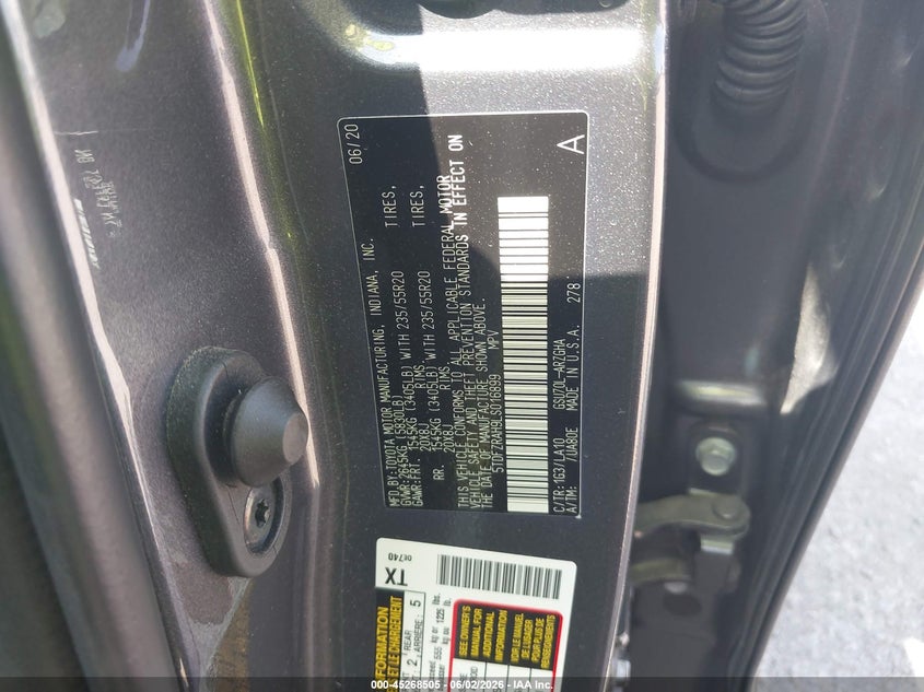 2020 Toyota Highlander VIN 5TDFZRAH9LS016899 IAAI salvage auction — HAIL, Original (Texas), sold $21,050 on 2026-07-22 (photo 9)
