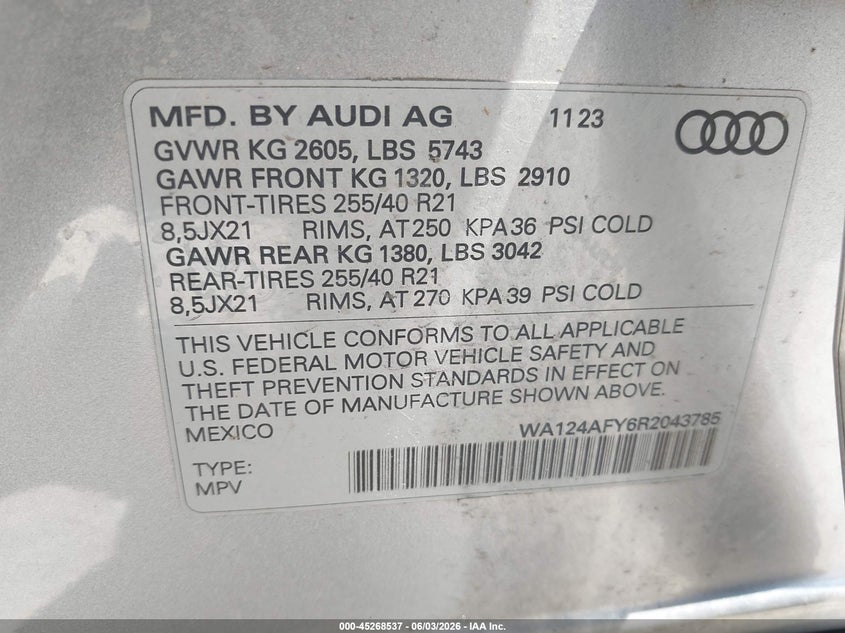 2024 Audi Sq5 sportback VIN WA124AFY6R2043785 IAAI salvage auction — HAIL, Original (Texas), sold $19,750 on 2026-07-29 (photo 9)