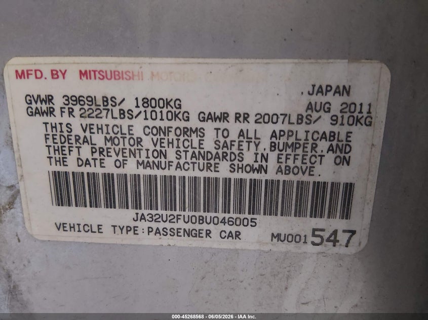 2011 Mitsubishi Lancer VIN JA32U2FU0BU046005 IAAI salvage auction — NORMAL WEAR, Original (Alaska), sold $25 on 2026-07-31 (photo 9)