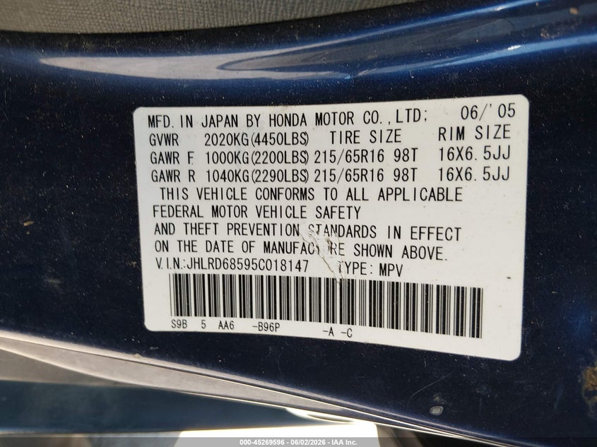 2005 Honda Cr-v VIN JHLRD68595C018147 IAAI salvage auction — FRONT END, Salvage (New Jersey), sold $400 on 2026-07-28 (photo 9)