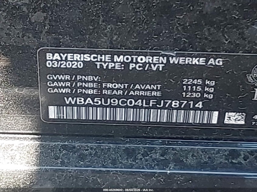 2020 BMW 3er VIN WBA5U9C04LFJ78714 IAAI salvage auction — FRONT & REAR, Salvage Title, sold $9,200 on 2026-08-11 (photo 9)
