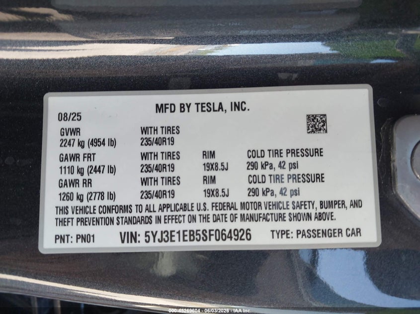 2025 Tesla Model 3 VIN 5YJ3E1EB5SF064926 IAAI salvage auction — UNDERCARRIAGE, Salvage Title, sold $17,600 on 2026-07-09 (photo 9)
