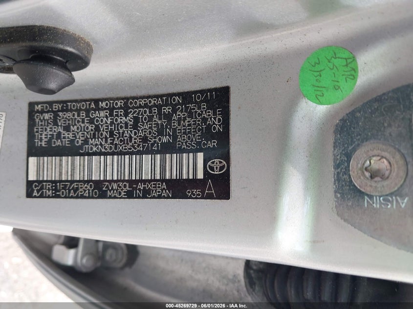2011 Toyota Prius VIN JTDKN3DUXB5347141 IAAI salvage auction — NORMAL WEAR, Clear (Florida), sold $1,750 on 2026-07-06 (photo 9)