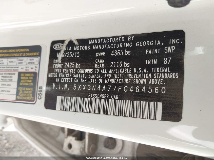 2015 Kia Optima VIN 5XXGN4A77FG464560 IAAI salvage auction — FRONT END, Salvage (Indiana), sold $300 on 2026-07-22 (photo 9)