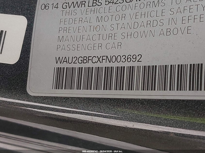2015 Audi A7 VIN WAU2GBFCXFN003692 IAAI salvage auction — HAIL, Salvage Title, sold $2,100 on 2026-08-14 (photo 9)