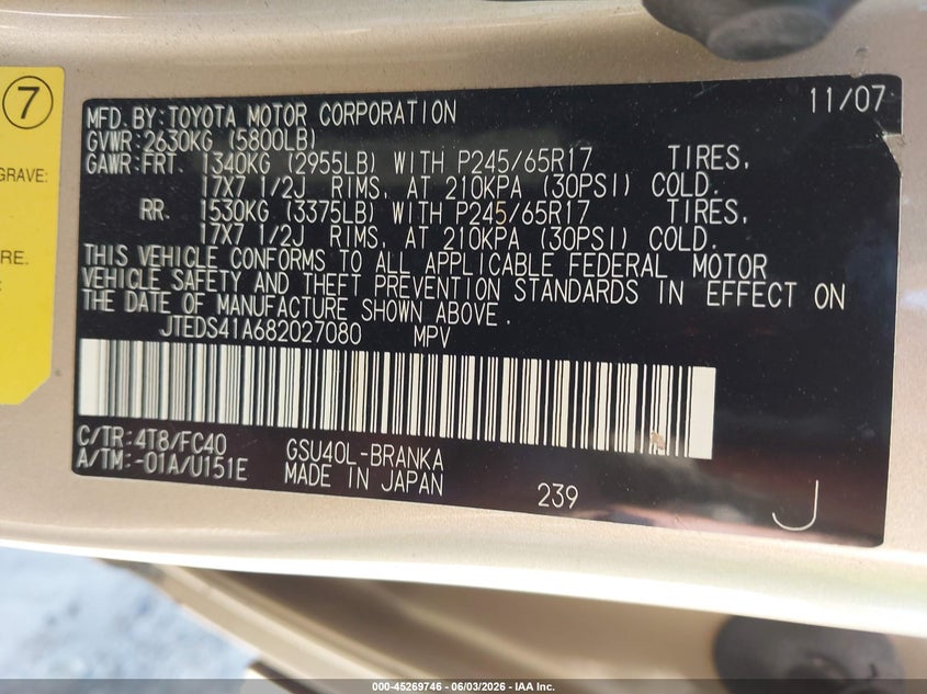 2008 Toyota Highlander VIN JTEDS41A682027080 IAAI salvage auction — LEFT SIDE, Salvage (Georgia), sold $450 on 2026-07-09 (photo 9)