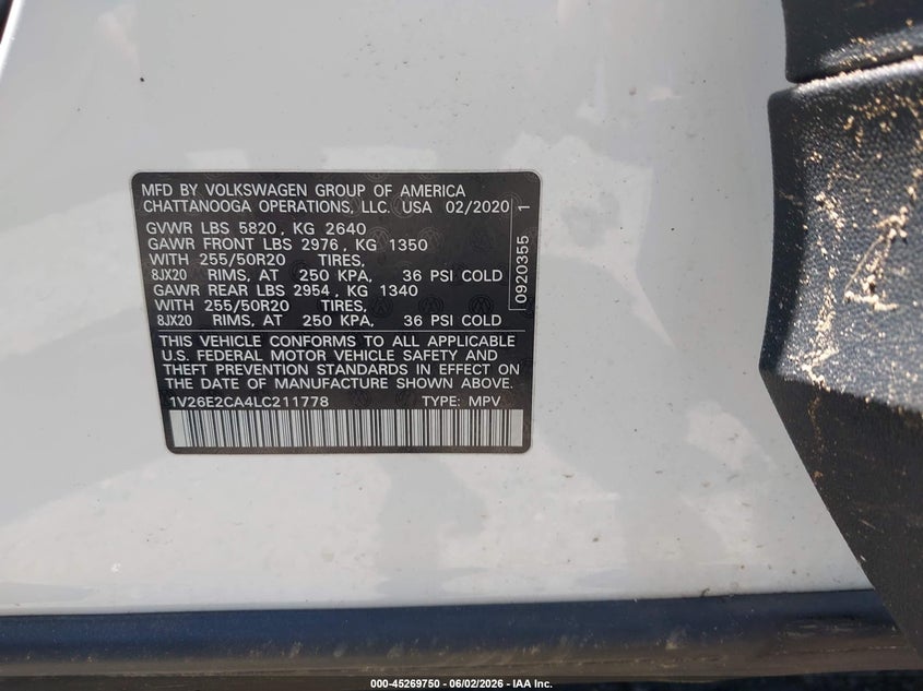2020 Volkswagen Atlas cross sport VIN 1V26E2CA4LC211778 IAAI salvage auction — FRONT END, Salvage - Greater Than 75% (Maryland), sold $1,400 on 2026-08-01 (photo 9)
