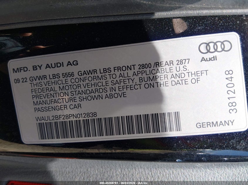 2023 Audi A6 VIN WAUL2BF28PN012838 IAAI salvage auction — RIGHT SIDE, Salvage Title, sold $9,700 on 2026-07-29 (photo 9)