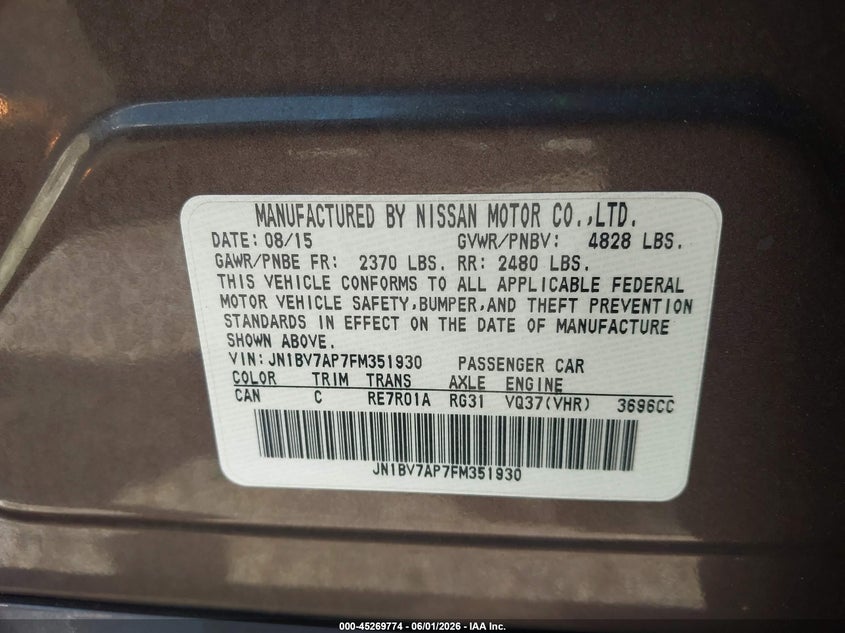 2015 Infiniti Q50 VIN JN1BV7AP7FM351930 IAAI salvage auction — FRONT END, Salvage Title, sold $2,250 on 2026-07-08 (photo 9)