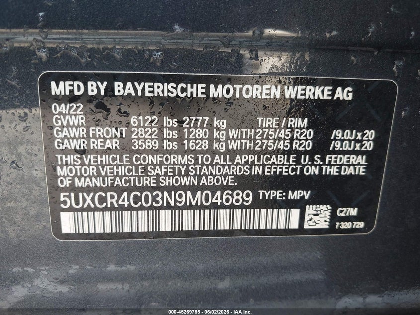 2022 BMW X5 VIN 5UXCR4C03N9M04689 IAAI salvage auction — RIGHT FRONT, Salvage Title, sold $16,800 on 2026-07-09 (photo 9)