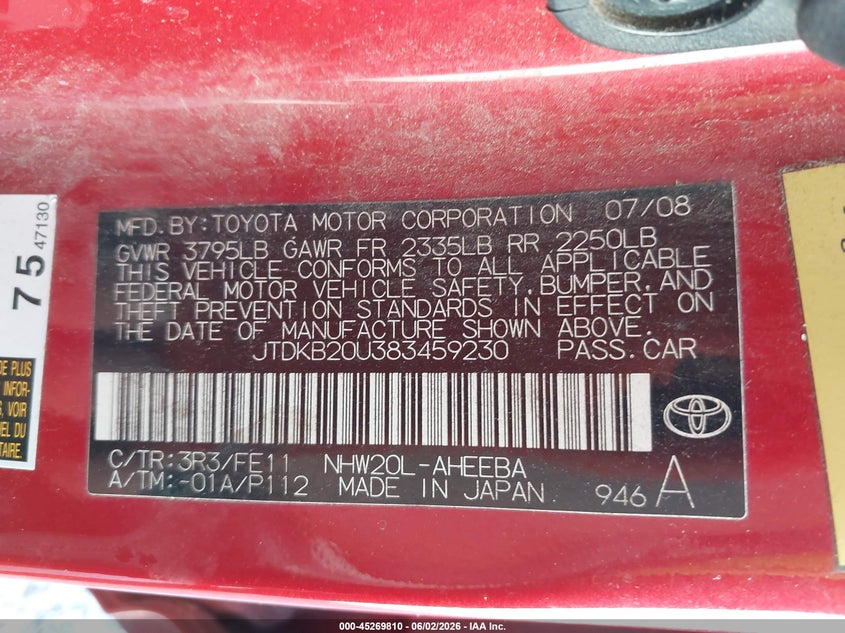 2008 Toyota Prius VIN JTDKB20U383459230 IAAI salvage auction — NORMAL WEAR, Clear (Alabama), sold $525 on 2026-07-06 (photo 9)