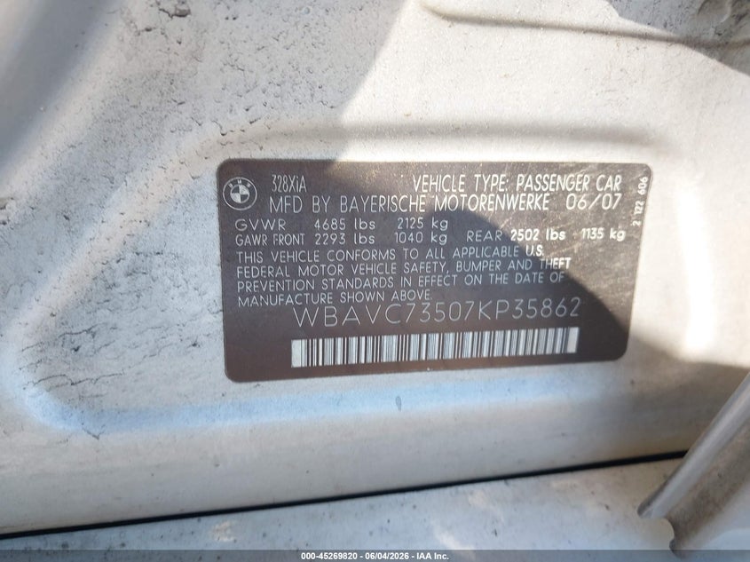 2007 BMW 3 series VIN WBAVC73507KP35862 IAAI salvage auction — SIDE, Salvage (New Jersey), sold $275 on 2026-07-12 (photo 9)