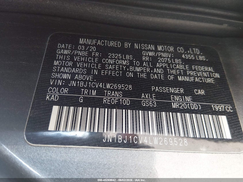 2020 Nissan Rogue VIN JN1BJ1CV4LW269528 IAAI salvage auction — RIGHT REAR, Salvage (Illinois), sold $25 on 2026-07-28 (photo 9)