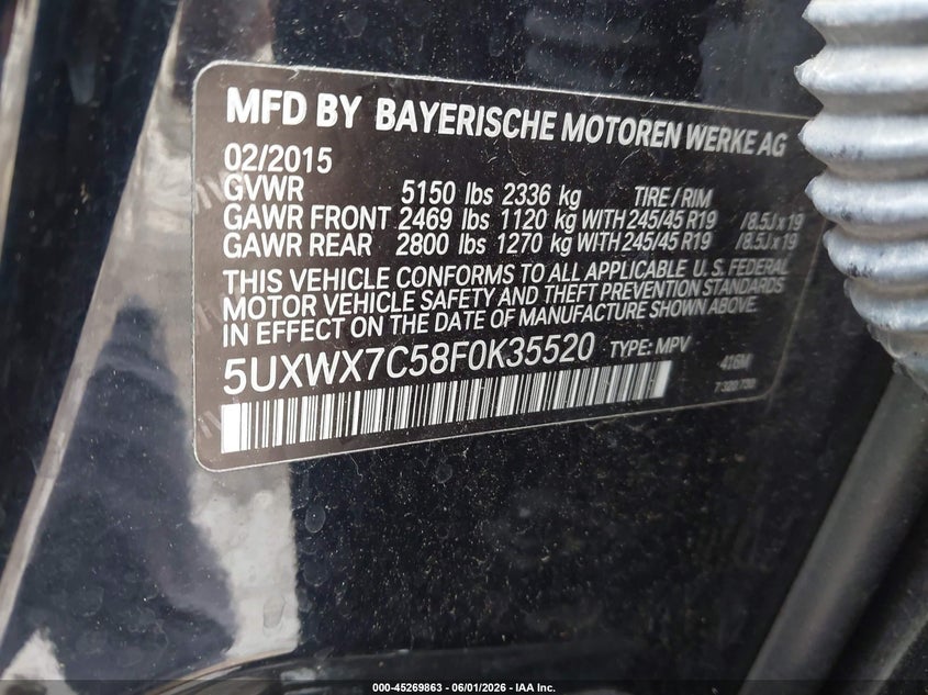 2015 BMW X3 VIN 5UXWX7C58F0K35520 IAAI salvage auction — SIDE, Salvage Title, sold $3,350 on 2026-07-08 (photo 9)