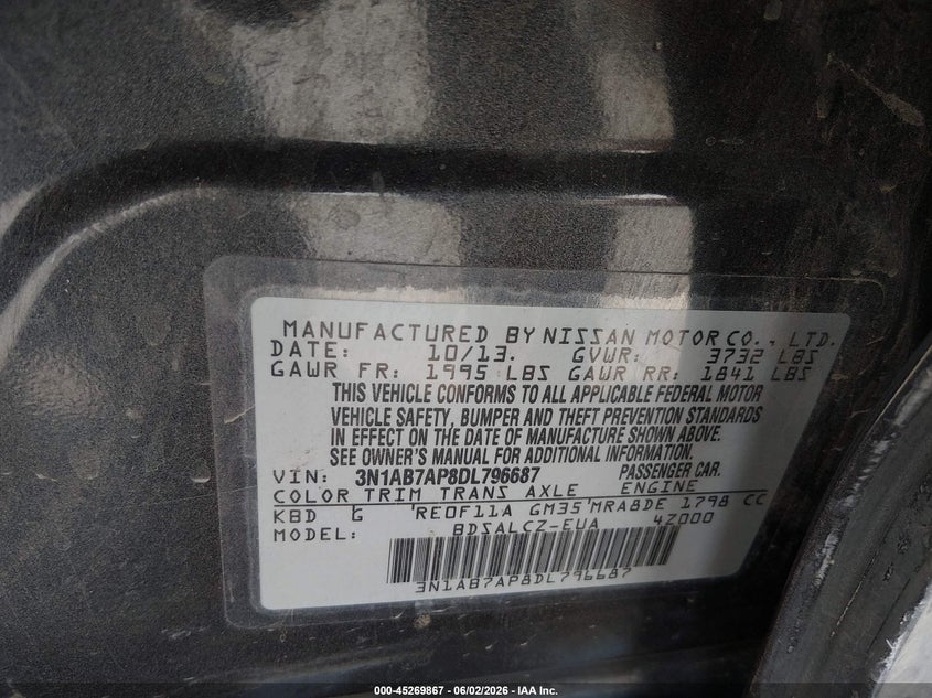 2013 Nissan Sentra VIN 3N1AB7AP8DL798887 IAAI salvage auction — FRONT & REAR, Salvage Title, sold $375 on 2026-07-22 (photo 9)