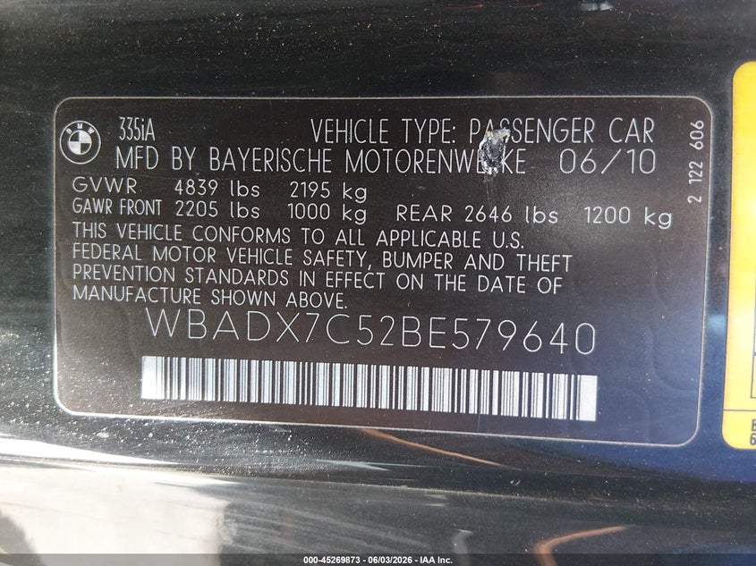 2011 BMW 3er VIN WBADX7C52BE579640 IAAI salvage auction — REAR END, Salvage (North Carolina), sold $1,500 on 2026-07-31 (photo 9)
