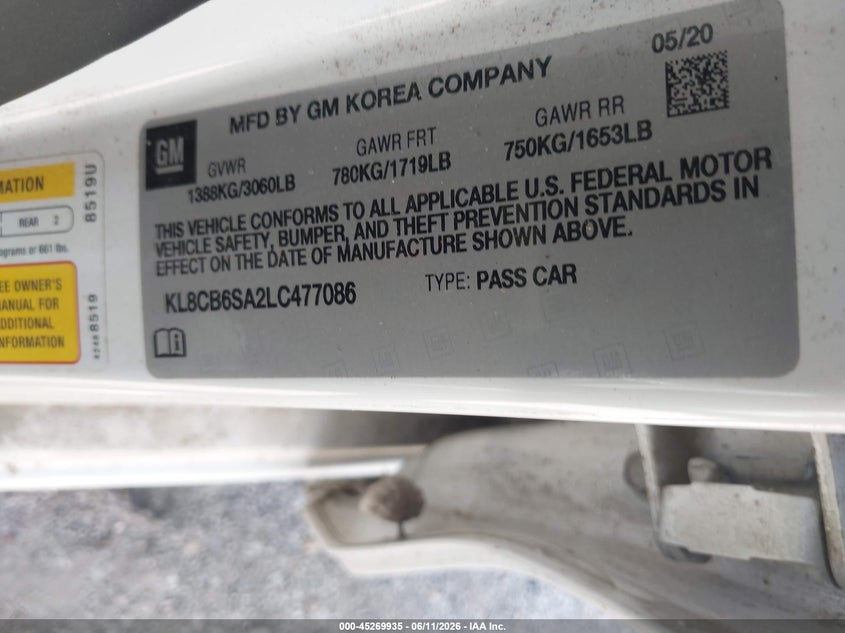 2020 Chevrolet Spark VIN KL8CB6SA2LC477086 IAAI salvage auction — NORMAL WEAR, Clear (Indiana), sold $1,850 on 2026-07-29 (photo 9)