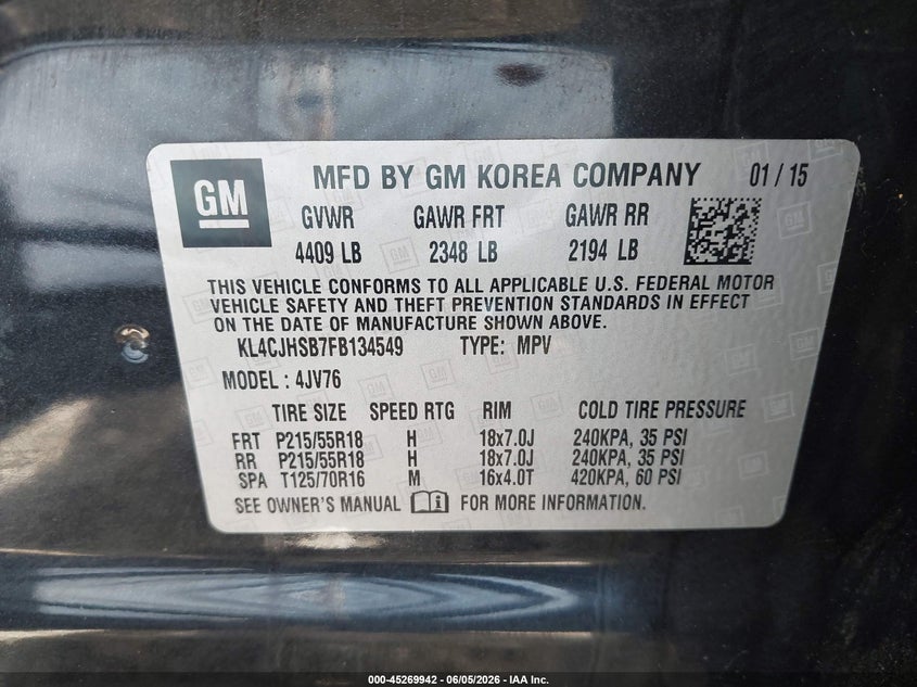 2015 Buick Encore VIN KL4CJHSB7FB134549 IAAI salvage auction — MECHANICAL, Clear (Georgia), sold $675 on 2026-07-09 (photo 9)
