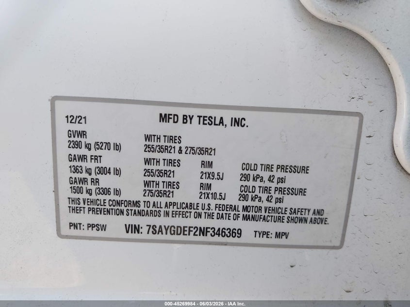 2022 Tesla Model y VIN 7SAYGDEF2NF346369 IAAI salvage auction — LEFT FRONT, Salvage Title, sold $6,700 on 2026-07-23 (photo 9)