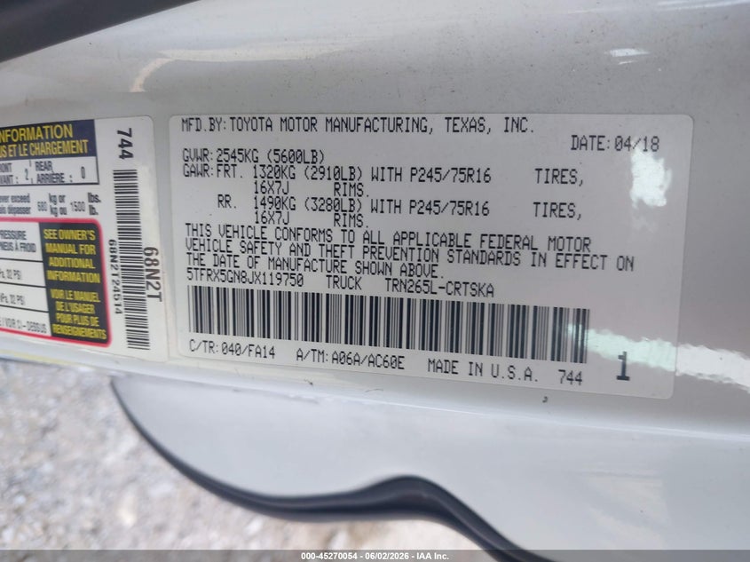 2018 Toyota Tacoma VIN 5TFRX5GN8JX119750 IAAI salvage auction — RIGHT SIDE, Salvage (Georgia), sold $4,750 on 2026-07-28 (photo 9)
