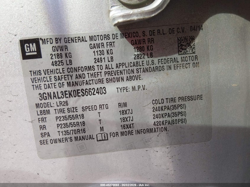 2014 Chevrolet Captiva sport VIN 3GNAL3EK0ES662403 IAAI salvage auction — RIGHT FRONT, Salvage Title, sold $800 on 2026-07-08 (photo 9)