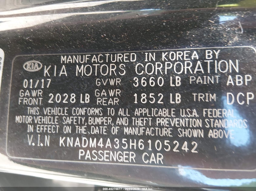 2017 Kia Rio VIN KNADM4A35H6105242 IAAI salvage auction — RIGHT SIDE, Salvage (New Jersey), sold $25 on 2026-07-31 (photo 9)