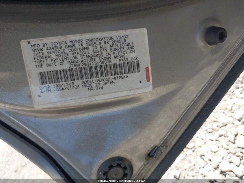 2001 Lexus ES VIN JT8BF28G115108506 IAAI salvage auction — NORMAL WEAR, Clear (New York), sold $450 on 2026-07-07 (photo 9)