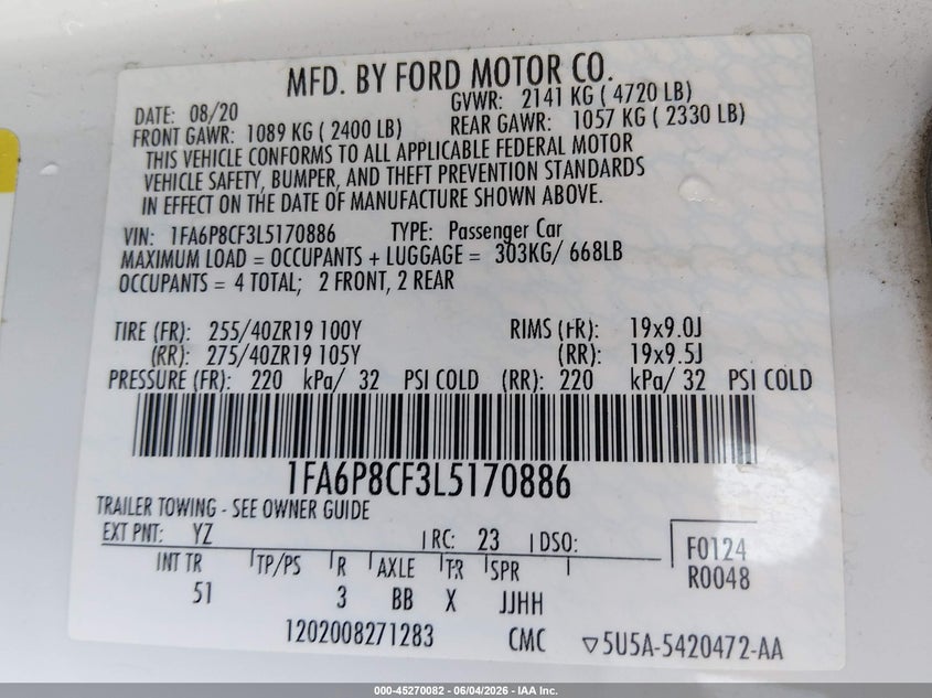 2020 Ford Mustang VIN 1FA6P8CF3L5170886 IAAI salvage auction — FRONT & REAR, Salvage Title, sold $8,100 on 2026-07-29 (photo 9)