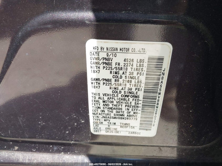 2011 Nissan Rogue VIN JN8AS5MV8BW260779 IAAI salvage auction — FRONT END, Salvage (New Jersey), sold $425 on 2026-07-14 (photo 9)