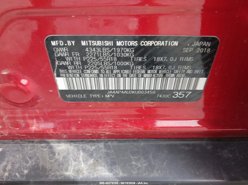 2019 Mitsubishi Outlander VIN JA4AP4AU2KU003450 IAAI salvage auction — FRONT END, Clear (Virginia), sold $2,700 on 2026-07-07 (photo 9)