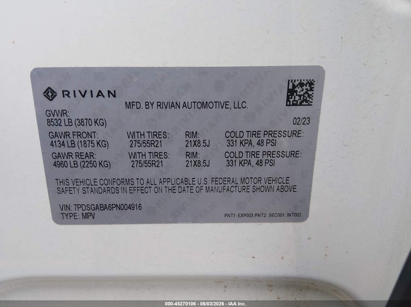 2023 Rivian R1s VIN 7PDSGABA6PN004916 IAAI salvage auction — THEFT, Salvage Title, sold $37,000 on 2026-07-16 (photo 9)