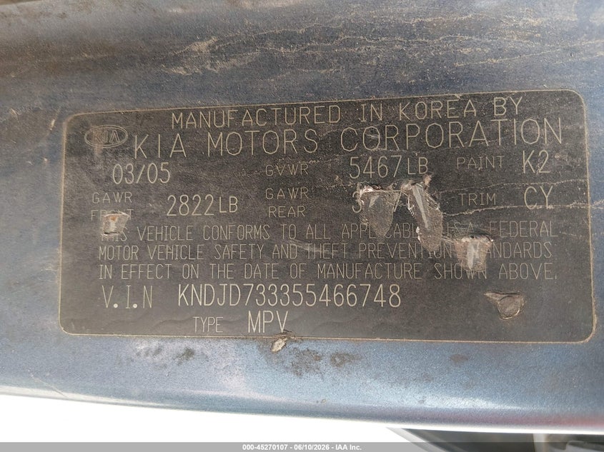2005 Kia Sorento VIN KNDJD733355466748 IAAI salvage auction — FRONT END, Salvage (Texas), sold $25 on 2026-07-21 (photo 9)