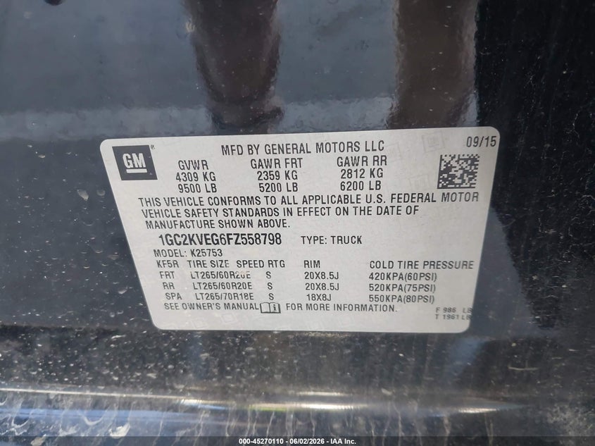 2015 Chevrolet Silverado VIN 1GC2KVEG6FZ558798 IAAI salvage auction — RIGHT SIDE, Clear (Indiana), sold $7,300 on 2026-07-31 (photo 9)