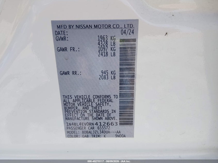 2024 Nissan Altima VIN 1N4BL4EV0RN412663 IAAI salvage auction — HAIL, Salvage Title, sold $12,450 on 2026-08-25 (photo 9)