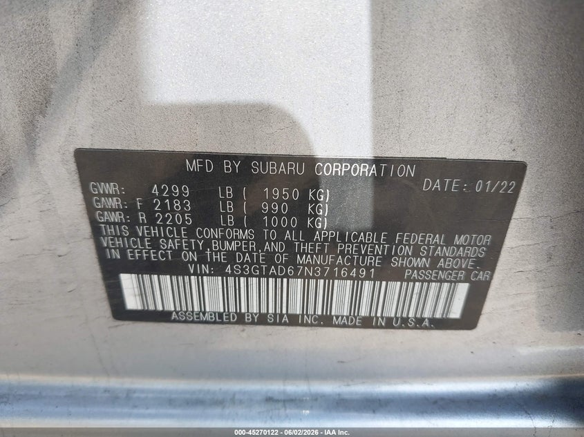 2022 Subaru Impreza VIN 4S3GTAD67N3716491 IAAI salvage auction — REAR END, Salvage Title, sold $3,850 on 2026-07-19 (photo 9)