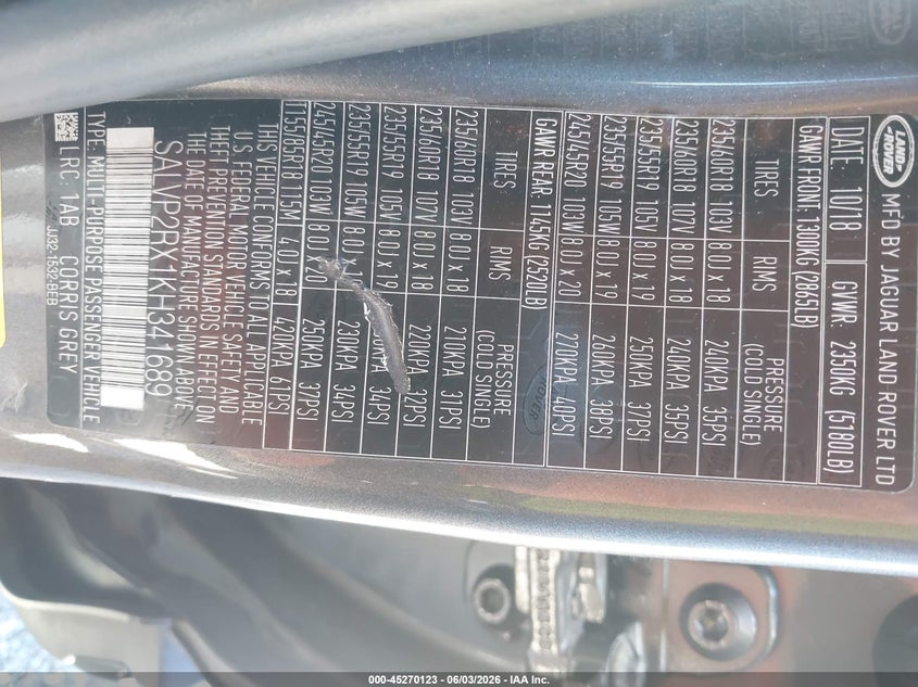 2019 Land rover Range rover evoque VIN SALVP2RX1KH341689 IAAI salvage auction — RIGHT REAR, Salvage Title, sold $6,050 on 2026-07-14 (photo 9)