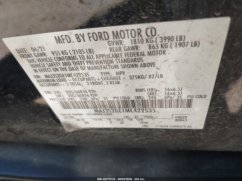 2021 Ford Ecosport VIN MAJ3S2GE1MC422535 IAAI salvage auction — REAR END, Salvage Title, sold $2,450 on 2026-07-15 (photo 9)