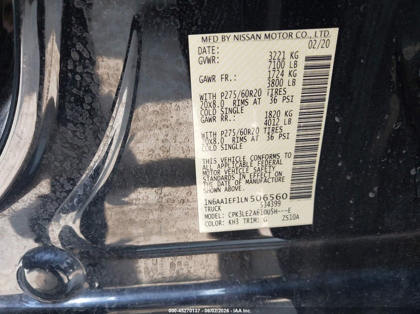2020 Nissan TITAN VIN 1N6AA1EF1LN506560 IAAI salvage auction — FRONT END, Original (Texas), sold $12,400 on 2026-07-29 (photo 9)